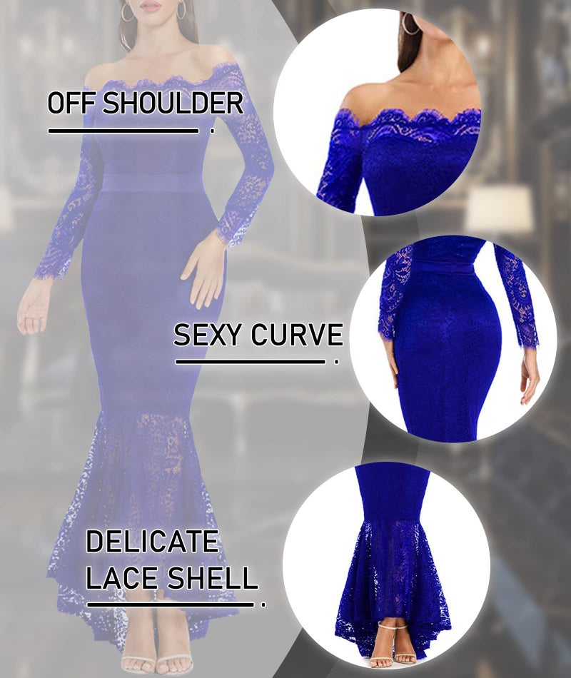LALAGEN Women's Floral Lace Long Sleeve Off Shoulder Wedding Mermaid Dress Blue XL - Image 5